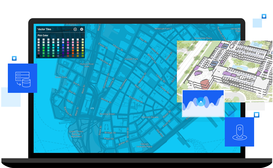 Laptop showing maps, overlaid with digital building models