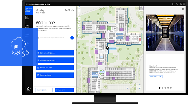 Computer showing IBM TRIRIGA and ArcGIS Indoors program with a digital map of a facility