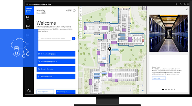 جهاز كمبيوتر يعرض برنامج IBM TRIRIGA و ArcGIS Indoors مع خريطة رقمية لمنشأة