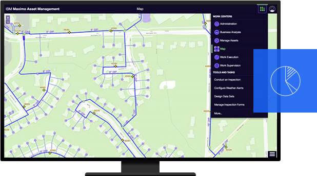 Computer showing IBM Maximo Spatial asset management program in use with a map of residences
