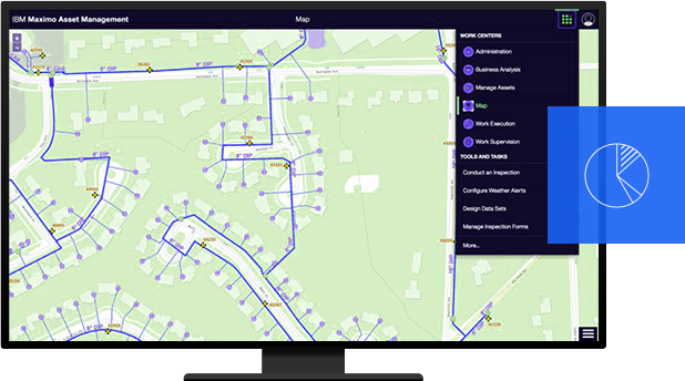 Computador mostrando o programa de gerenciamento de ativos IBM Maximo Spatial em uso com um mapa de residências