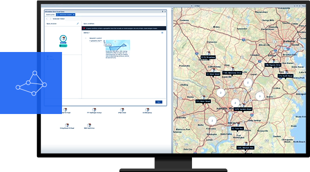 Computer showing IBM2 security solutions integrating with ArcGIS to analyze a map and data