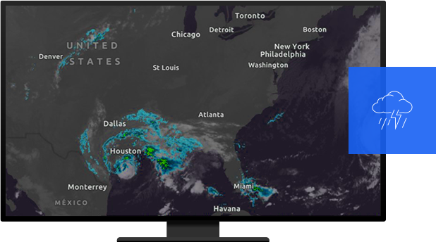 Computer showing a map of the United States with storm weather patterns traveling across the south