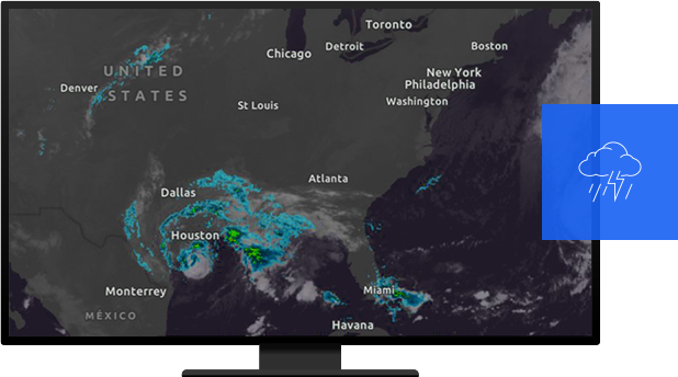 Un equipo que muestra un mapa de los Estados Unidos con patrones meteorológicos de tormentas que se desplazan por el sur