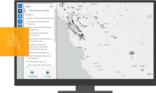 Interface of ArcGIS for SharePoint showing a gray digital map with scattered red data points
