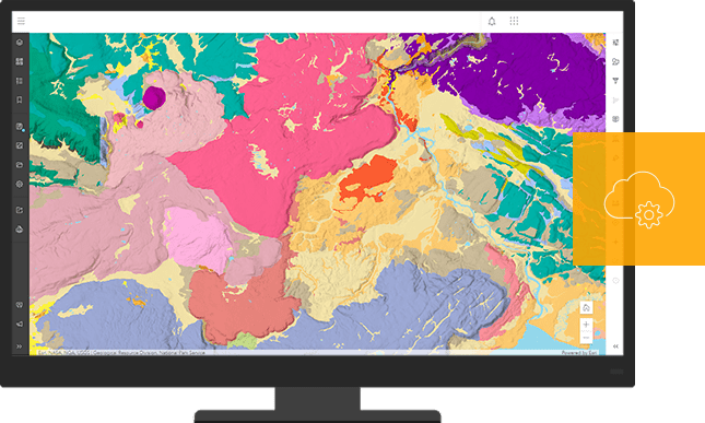 Um gráfico de software de mapeamento em um computador desktop e um ícone laranja com uma nuvem e equipamento