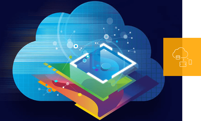 A graphic of a light blue cloud overlaid with three multicolor cubes and an orange icon with a cloud connecting mobile devices