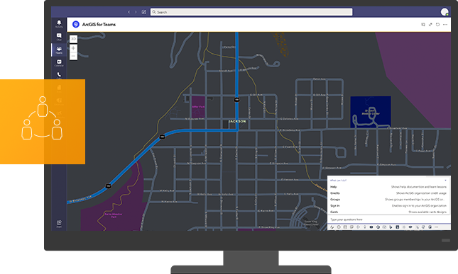  ArcGIS for Teams interface showing a gray digital street map with a path highlighted in blue and an icon of three people