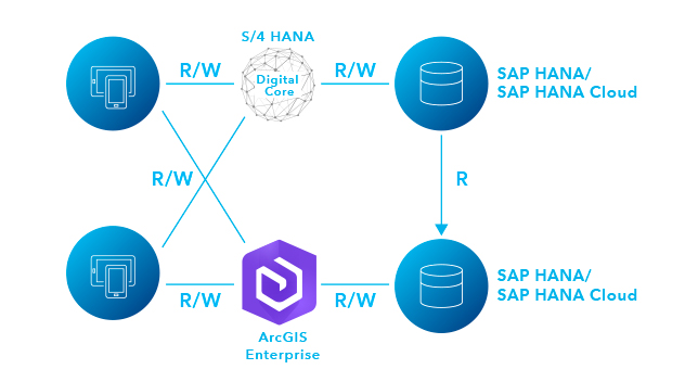 Ein Diagramm aus miteinander verknüpften Symbolen, wobei die blauen Symbole einerseits Mobilgeräte und andererseits SAP HANA bzw. SAP HANA Cloud darstellen und ein violettes Symbol ArcGIS Enterprise symbolisiert 