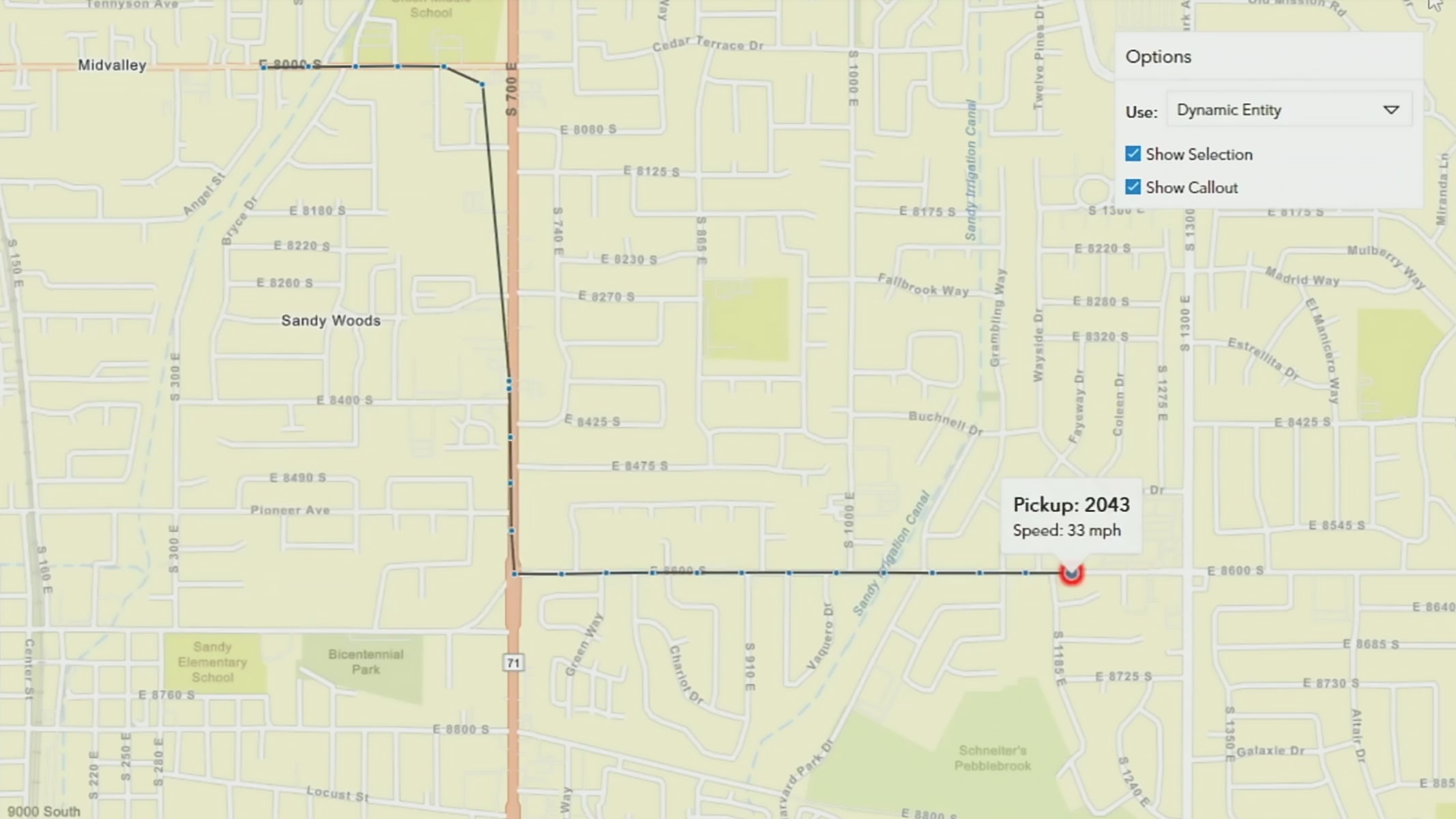 Map displaying various roads with a right-angle black line indicating the the movement of a pickup