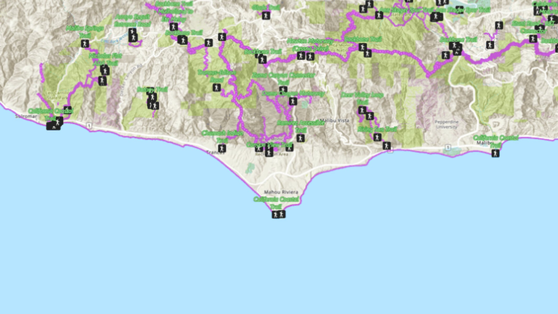 Map of a coastline with numbered squares marking locations