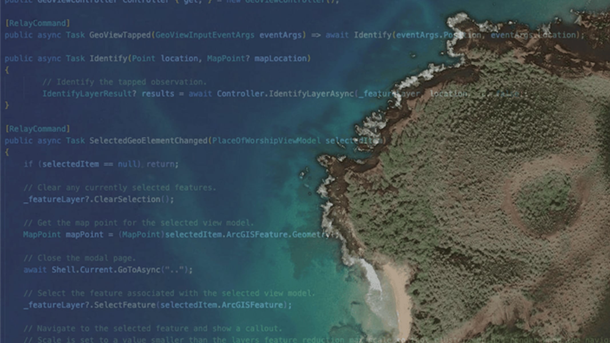 Coastline and brown land mass with lines of code over the ocean
