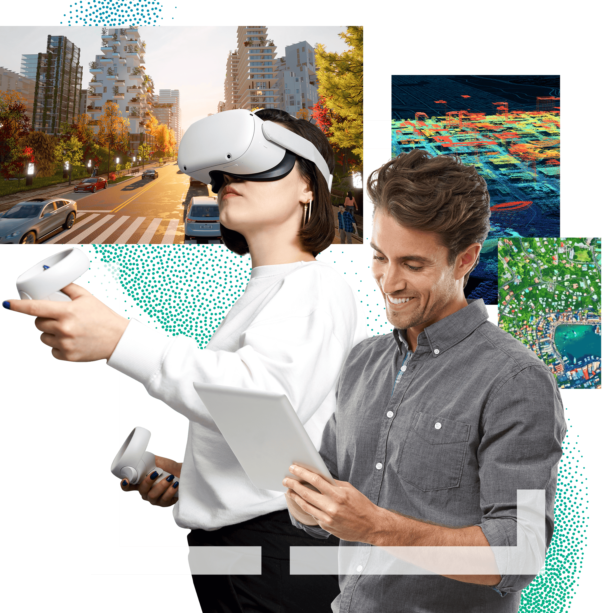 Persona che indossa un visore per realtà virtuale (VR) e tiene in mano i controller, accanto a un uomo che tiene in mano un tablet. Il visore VR mostra una scena stradale cittadina, mentre mappe e altre informazioni sono visibili sugli schermi vicini.