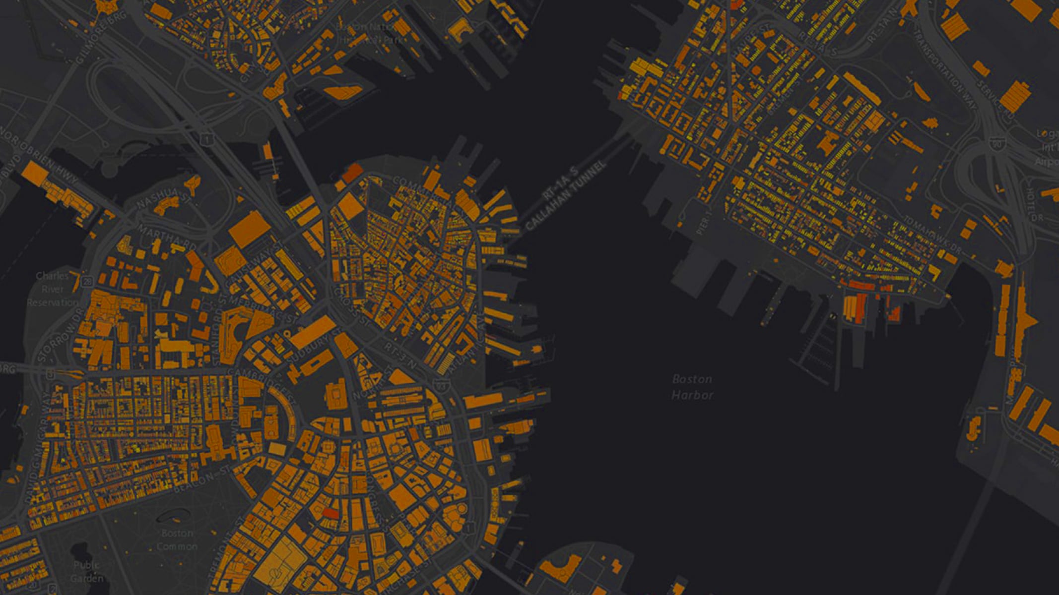 Mappa aerea di una città di notte, mostrata in toni scuri