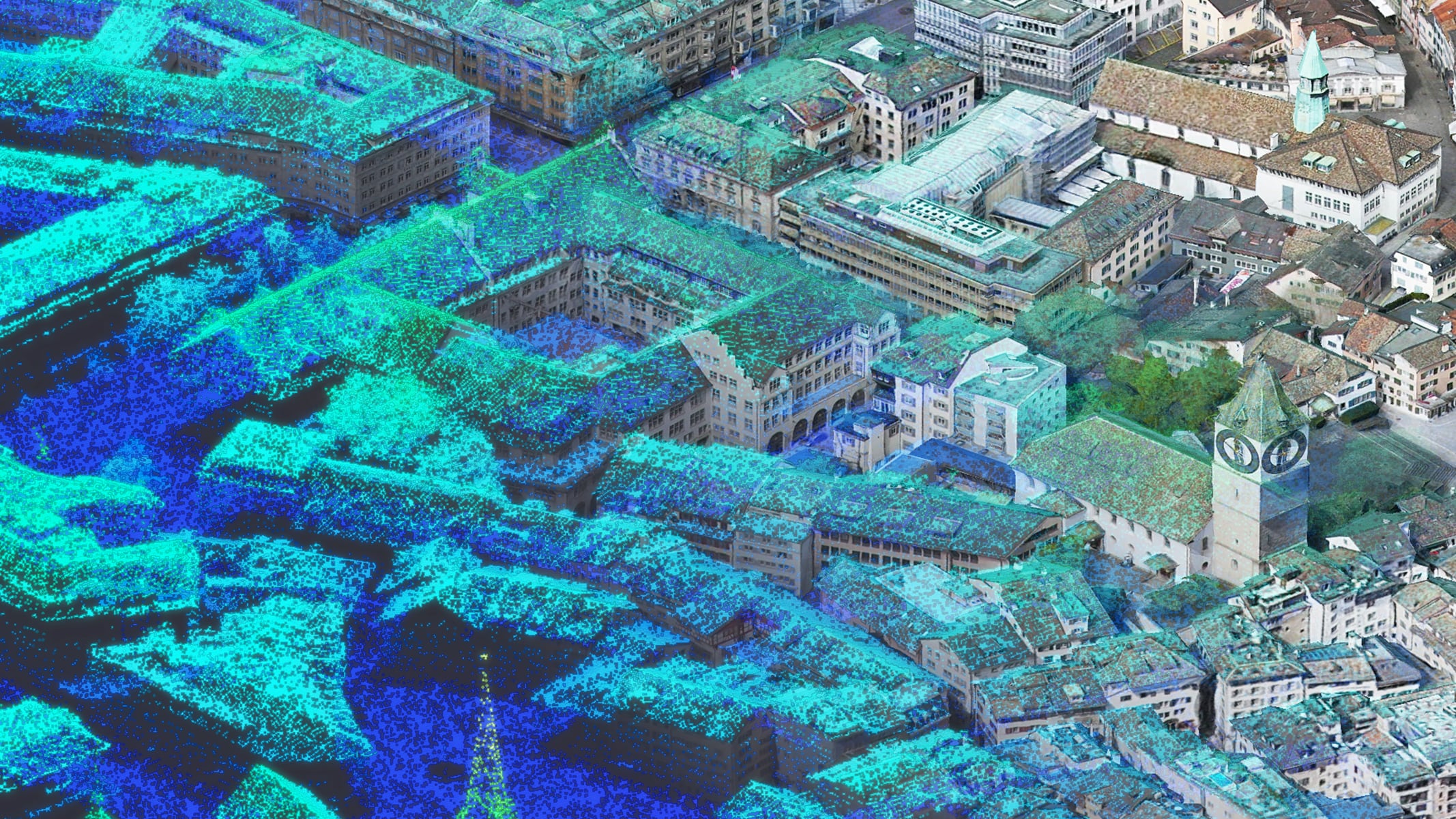 Veduta aerea di un paesaggio urbano con vari edifici, alcuni dei quali sono parzialmente coperti da motivi a punti blu e verdi, che probabilmente indicano sovrapposizioni ambientali