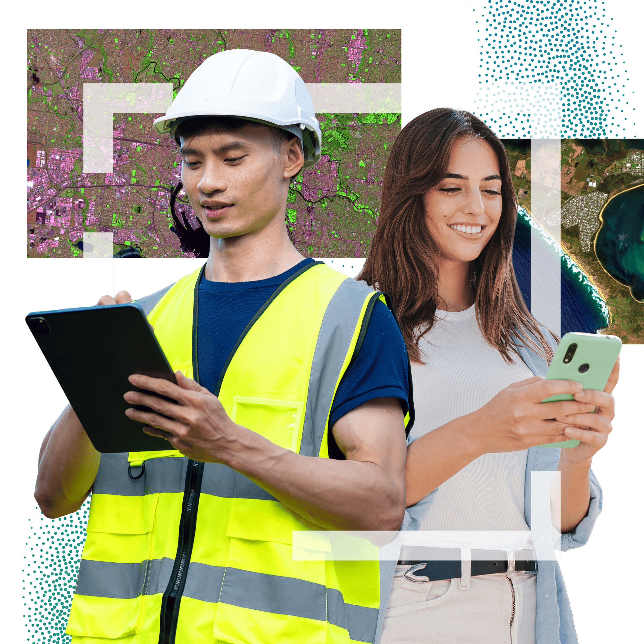 A person wearing a helmet and safety vest using a laptop and a casually dressed person smiling at a mobile phone