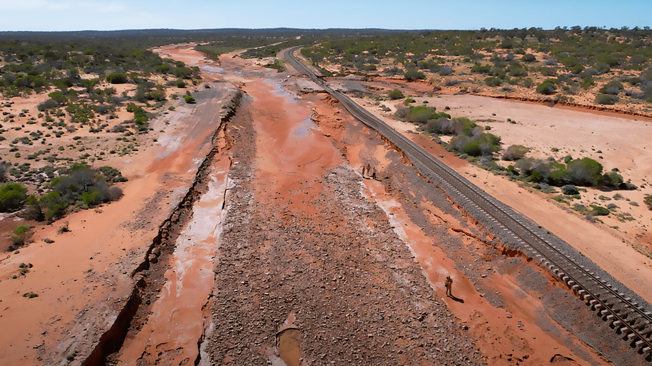 Railroad tracks stretching across a vast vista of brush-dotted red dirt plains