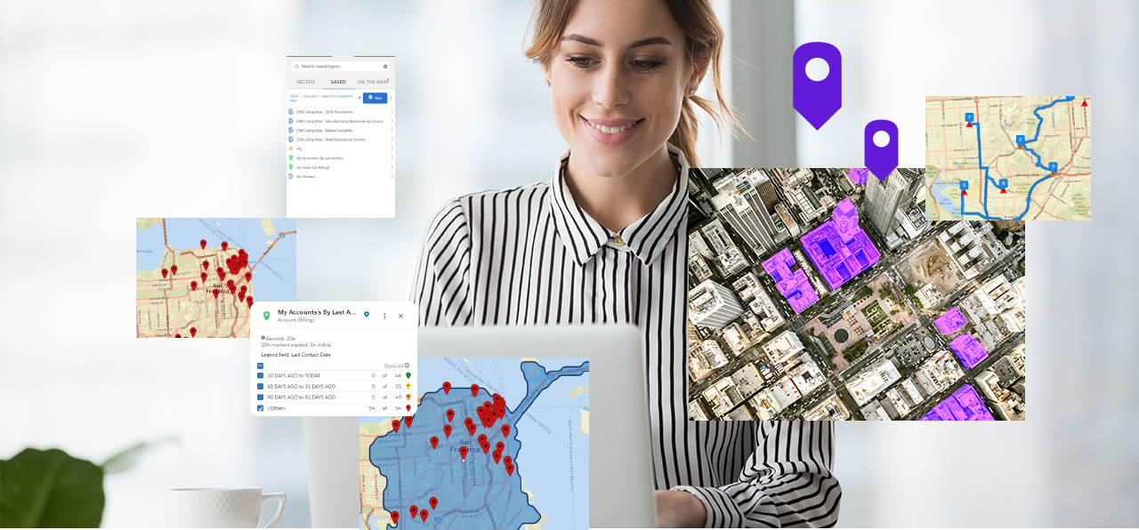 Eine Geschäftsperson an einem Laptop und Screenshots der Benutzeroberfläche von Salesforce Maps