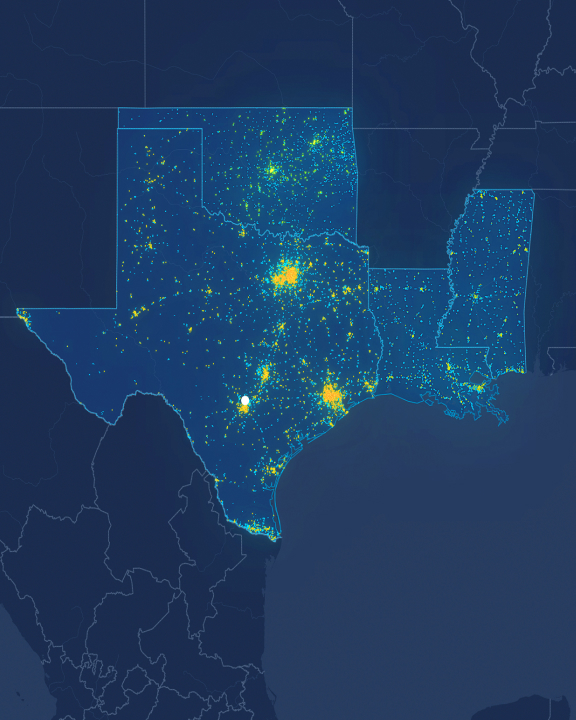 A highlighted map of Texas with yellow hot spot areas that represent the density of customers