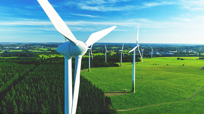 Wind turbines in a green field and along a tree line