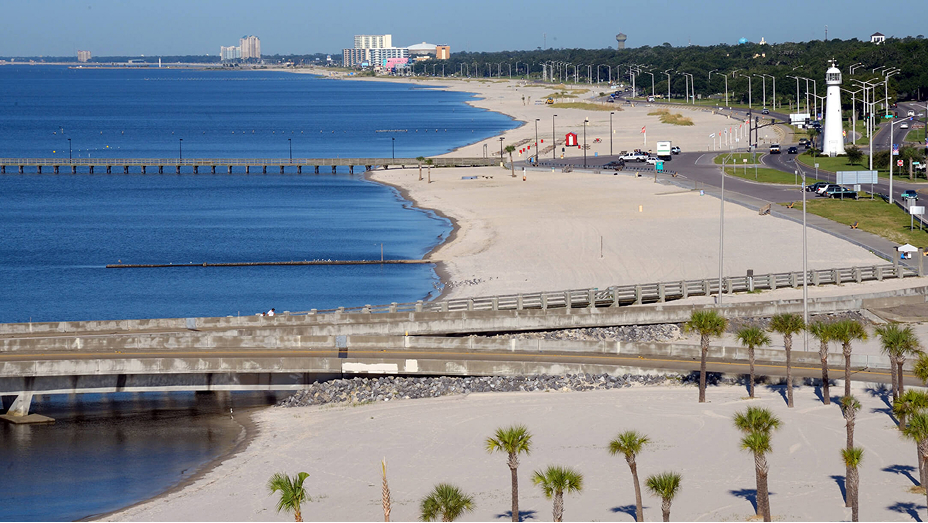 Aerial image of a palm tree-lined beach with several long docks reaching into the ocean