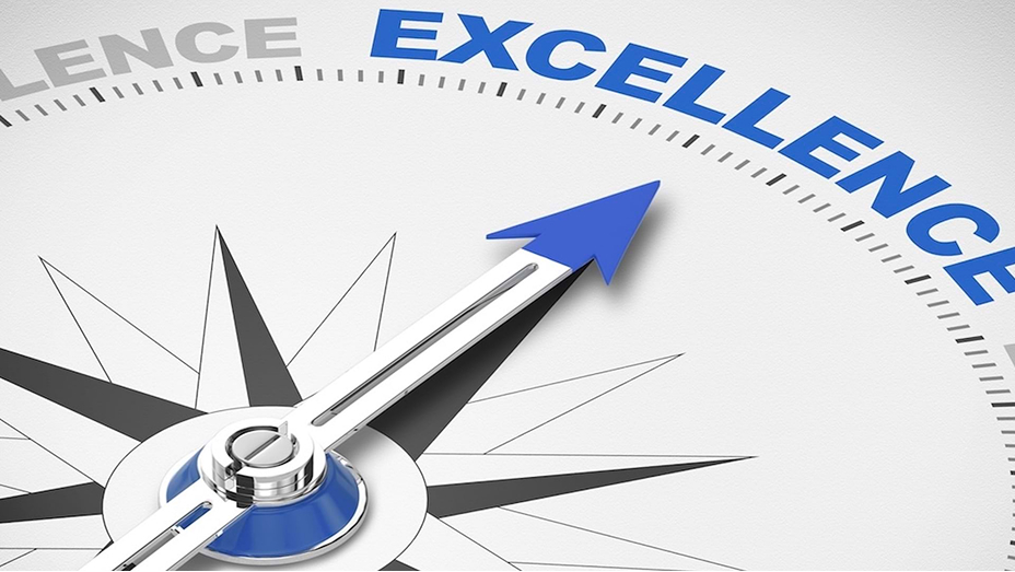 Graphic of a compass with an arrow pointing to the word “excellence”