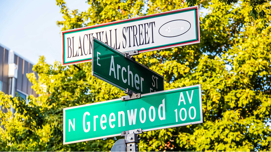 A street sign stack with three street signs beside a tall green tree