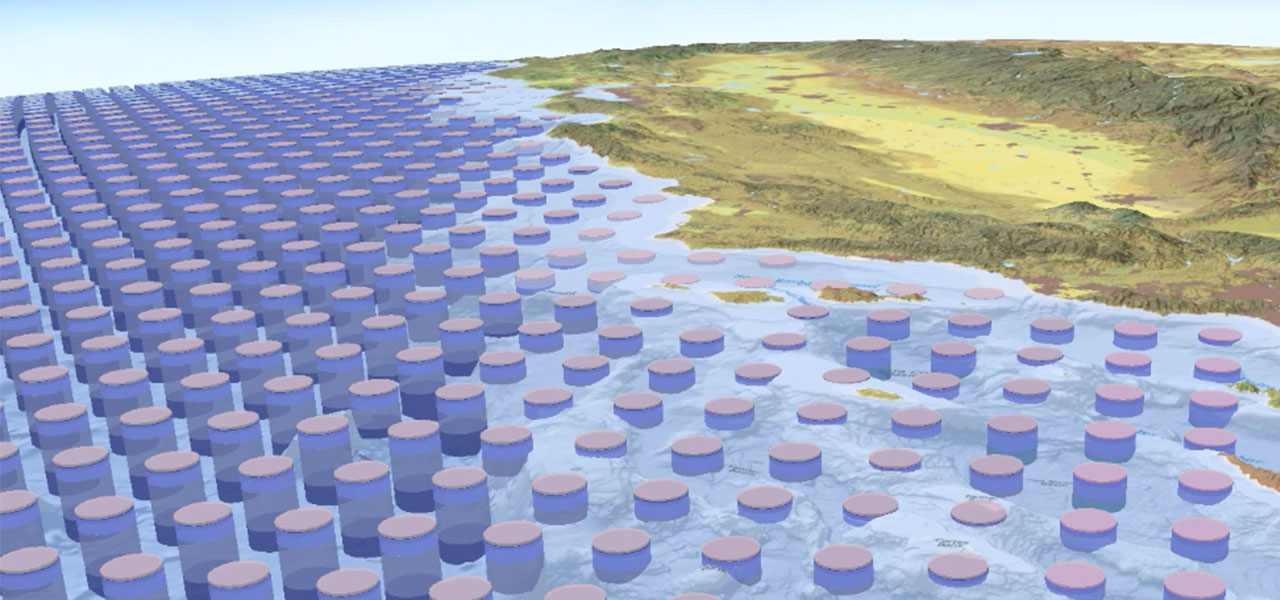 A 3D map showing wave heights diminishing as they come into contact with landmass
