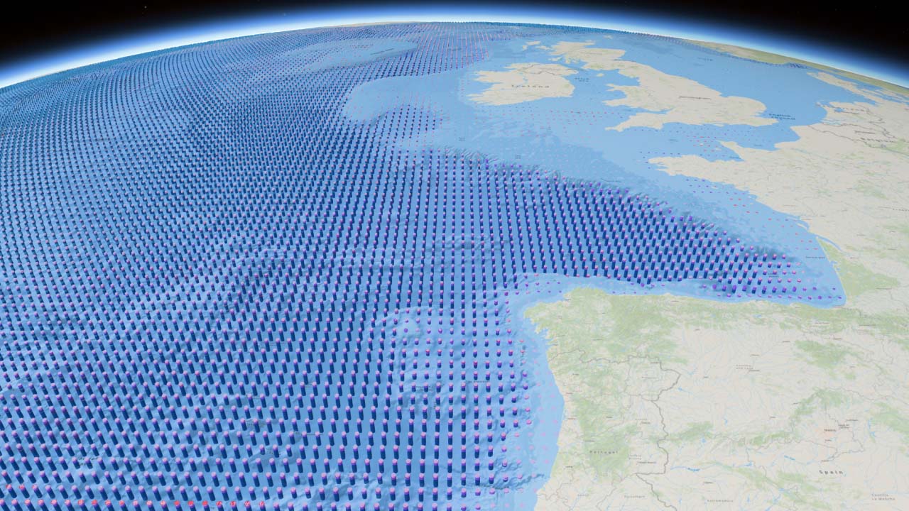 A 3D map of Earth from space showing wave heights diminishing as they come into contact with landmass