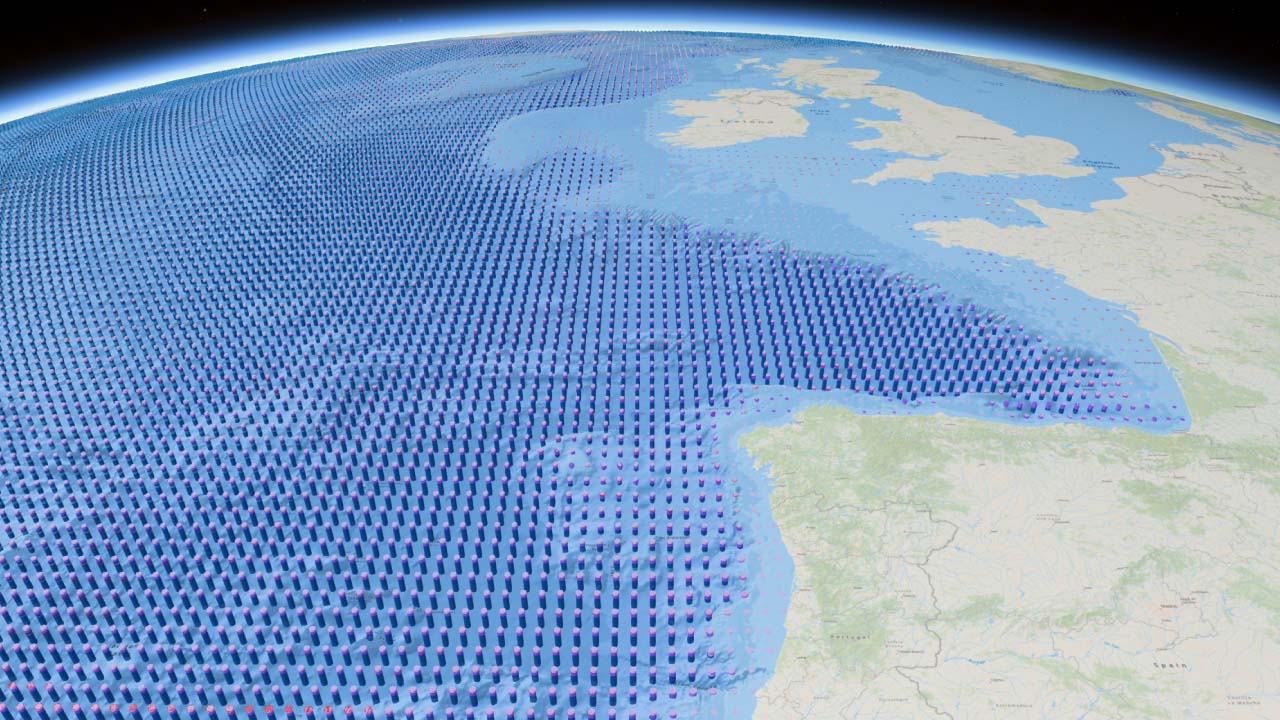 A 3D map of Earth from space showing wave heights diminishing as they come into contact with landmass