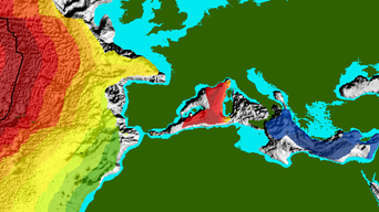 A map that shows the age of the seafloor, with younger areas in red and older areas in blue