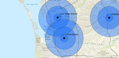 A light map of the City of Chula Vista in San Diego, CA overlaid with blue three-ringed circles that note buffers sizes of population with subsets for children, teenagers, and seniors
