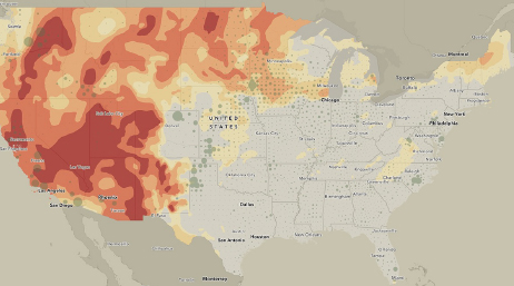 A map of the United States showing drought conditions in colors of yellow, orange, and red