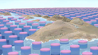 A 3D visualization of the earth with rows blue and pink spherical objects lining the ocean