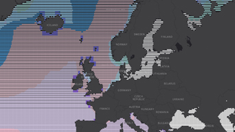 A screenshot of Esri’s EMU Explorer that shows a dark map of Europe with bars of color over the ocean indicating the spatial variation of a wide range of ocean parameters