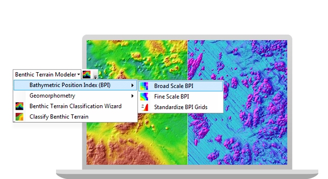 Two colorful heat maps side by side on a laptop monitor, overlaid with several menus of analysis options