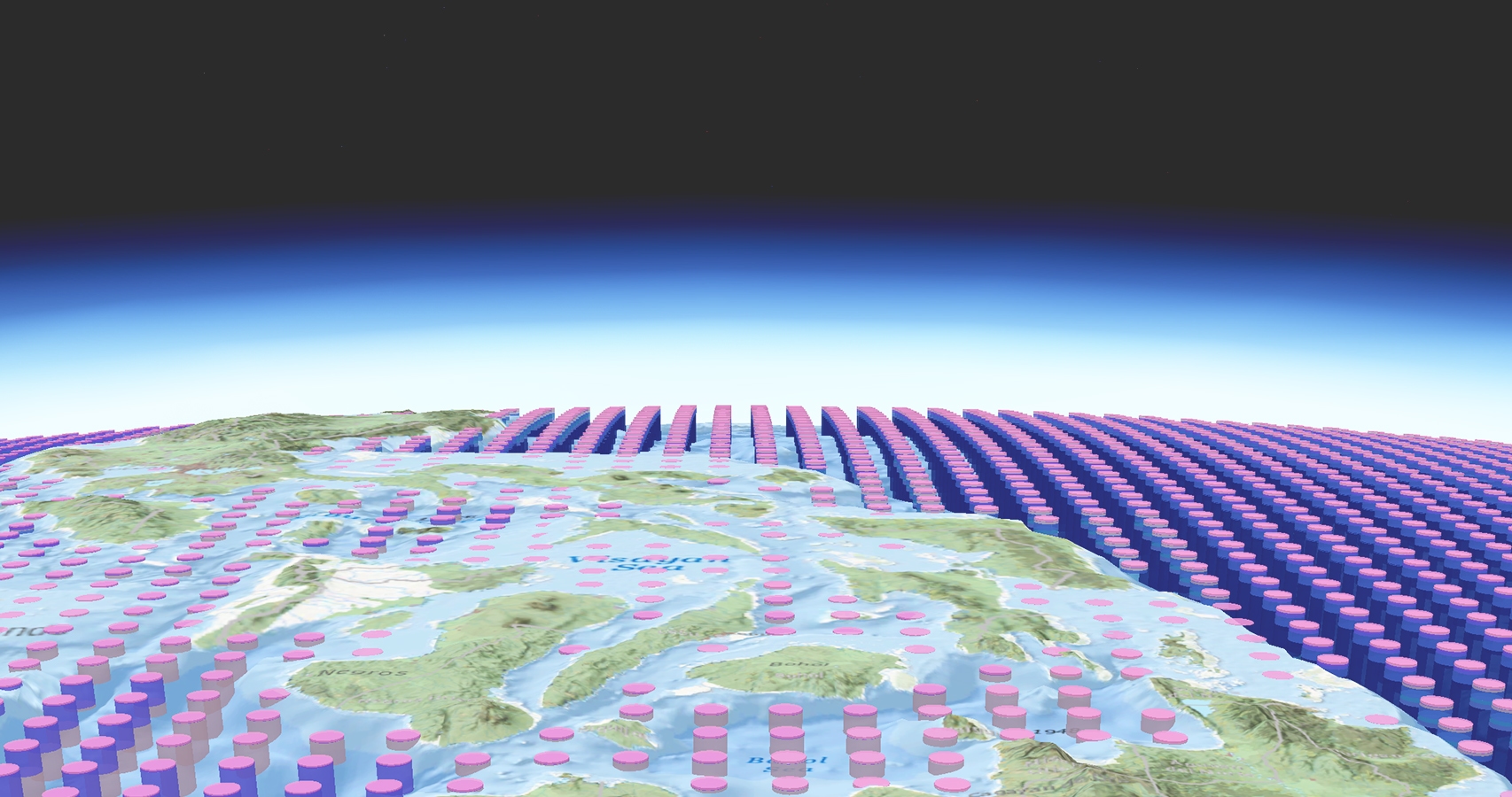 Um gráfico com linhas de cilindros rosa e roxo dispostos em linhas organizadas sobrepondo um mapa de contorno estilizado da Terra