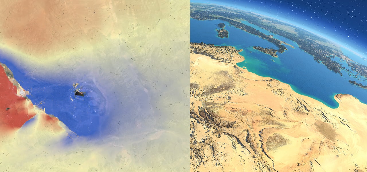 Um gráfico de colinas arenosas com um pequeno golfo que leva a águas azuis profundas, com a metade esquerda da imagem sobreposta com um efeito de desfoque e uma dispersão de pontos do mapa