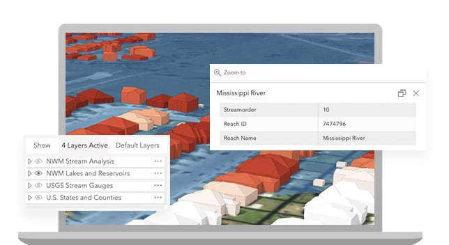 A graphic of a laptop displaying a 3D model of a suburban housing development in white, red, and blue, overlaid with several small legends of analysis options