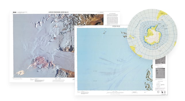 Duas exibições de mapas sobrepostos, cada um com um mapa de contorno azul ao lado de legendas de opções de análise, sobrepostos com um pequeno mapa polar redondo