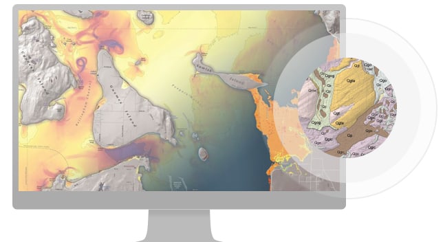 A graphic of a computer monitor displaying a colorful heat map with a small ,magnified section of it projecting outward in a circular border