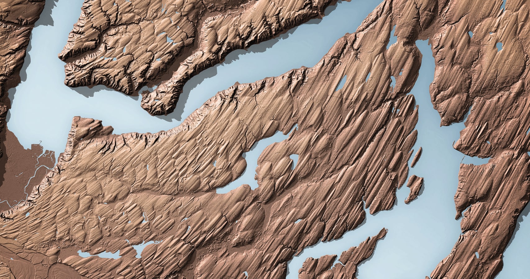 A graphic of a contour map with a stretch of small rocky islands surrounded by still pale blue water