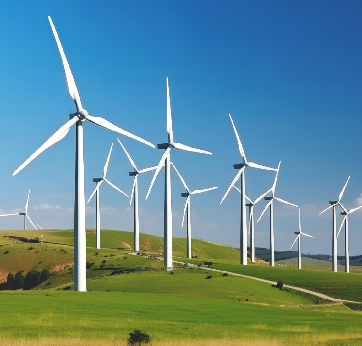 A photo of a cluster of white wind turbines on rolling green hills under a clear blue sky