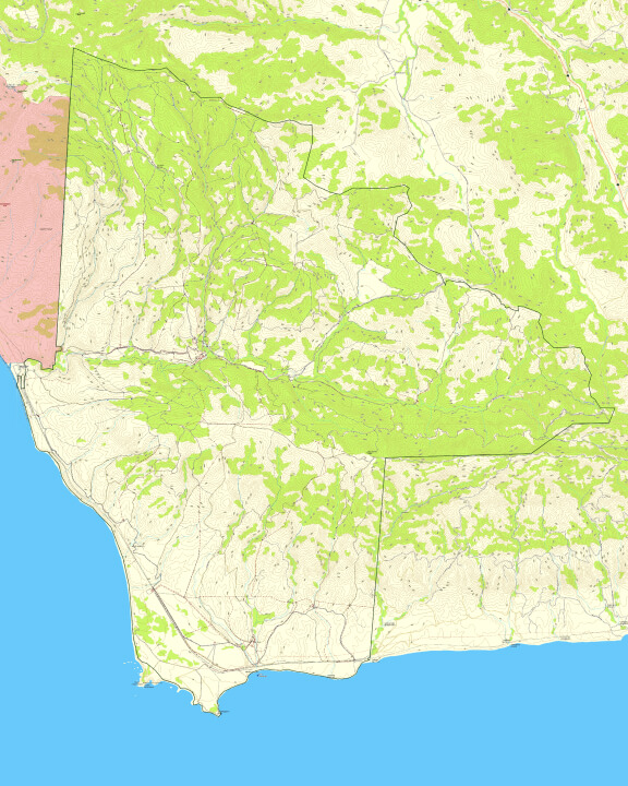A green and beige map of a wild seaside area