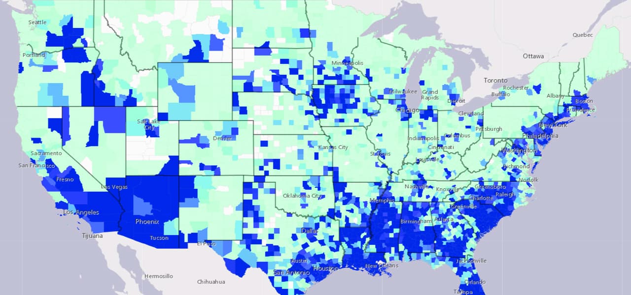 Un mapa en color con varios azules de los Estados Unidos