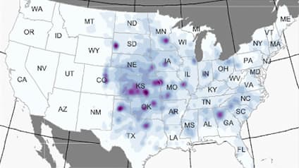 Puntos azules y púrpura sobre un mapa de los Estados Unidos 