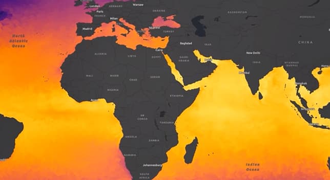 Mapa naranja, rojo y gris de Europa y Asia