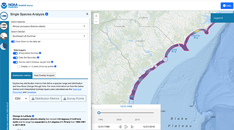 A screen displaying an online NOAA Fisheries single species map beside a menu of analysis options