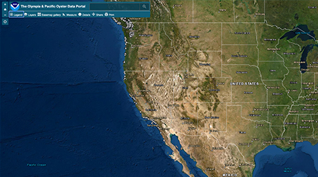 A topographic map of the U.S. beside a large blue expanse of the Pacific Ocean with a small menu bar of analysis options