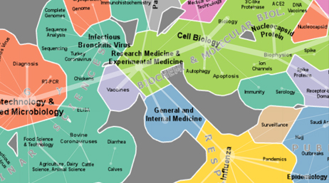 Colorful dashboard map of the locations of research areas focused on by scholars